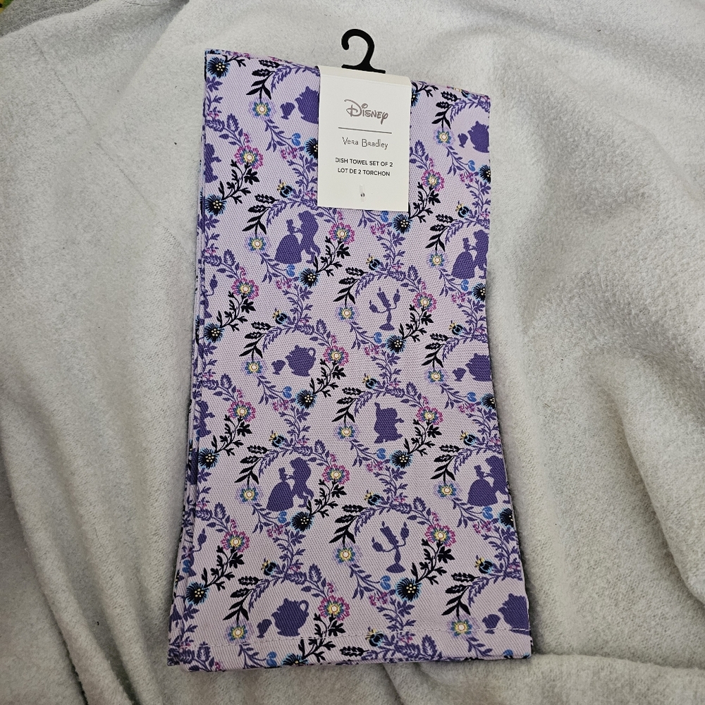 Disney Vera Bradley Belle Floral Cameos Purple Set Of Two Dish Towels